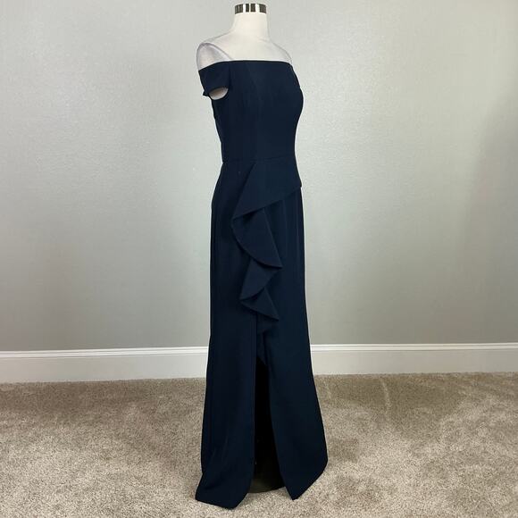 Vince Camuto Off the Shoulder Column Evening Gown Blue Size 6 Ruffled Side Slit - Picture 2 of 14